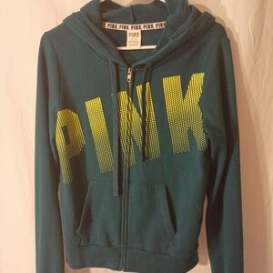 Victoria's Secret PINK Teal Zip Hoodie with White Logo Trim